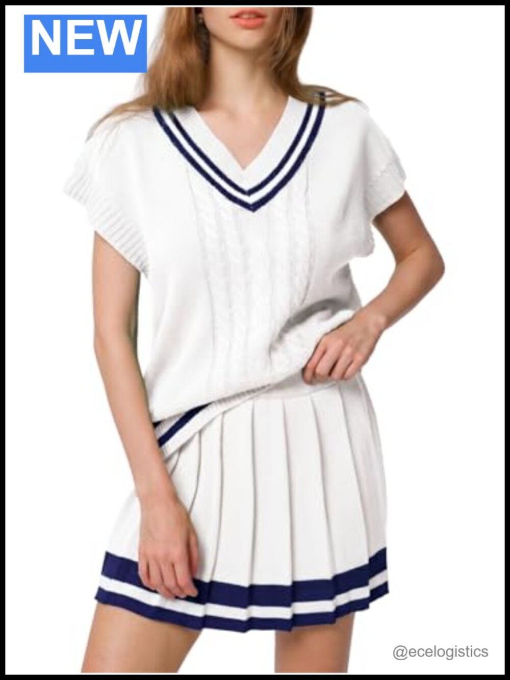 Womens 2 Piece Knit Short Sleeve V Neck Vest & Pleated Mini Skirt Sets Lounge